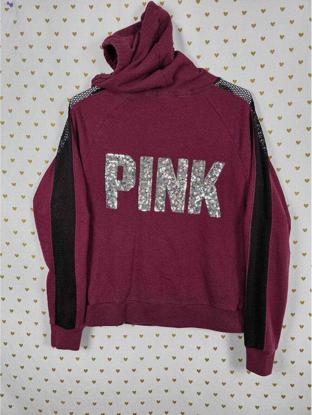 Victorias Secret Pink BLING Full Zip Mesh Sleeve Jacket Maroon Small